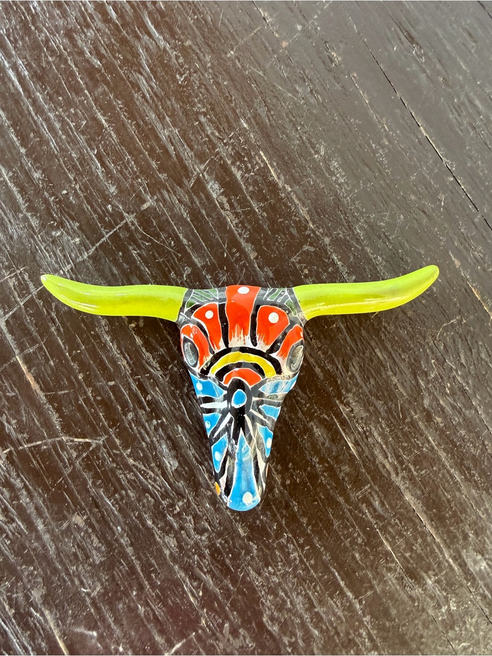 Hand-Painted Decorative Talavera Longhorn Wall Accent in Lime, Red & Blue